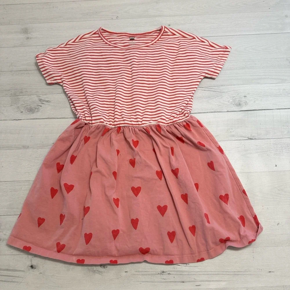 Tea collection girls striped pink heart dress size 10 - Picture 1 of 9